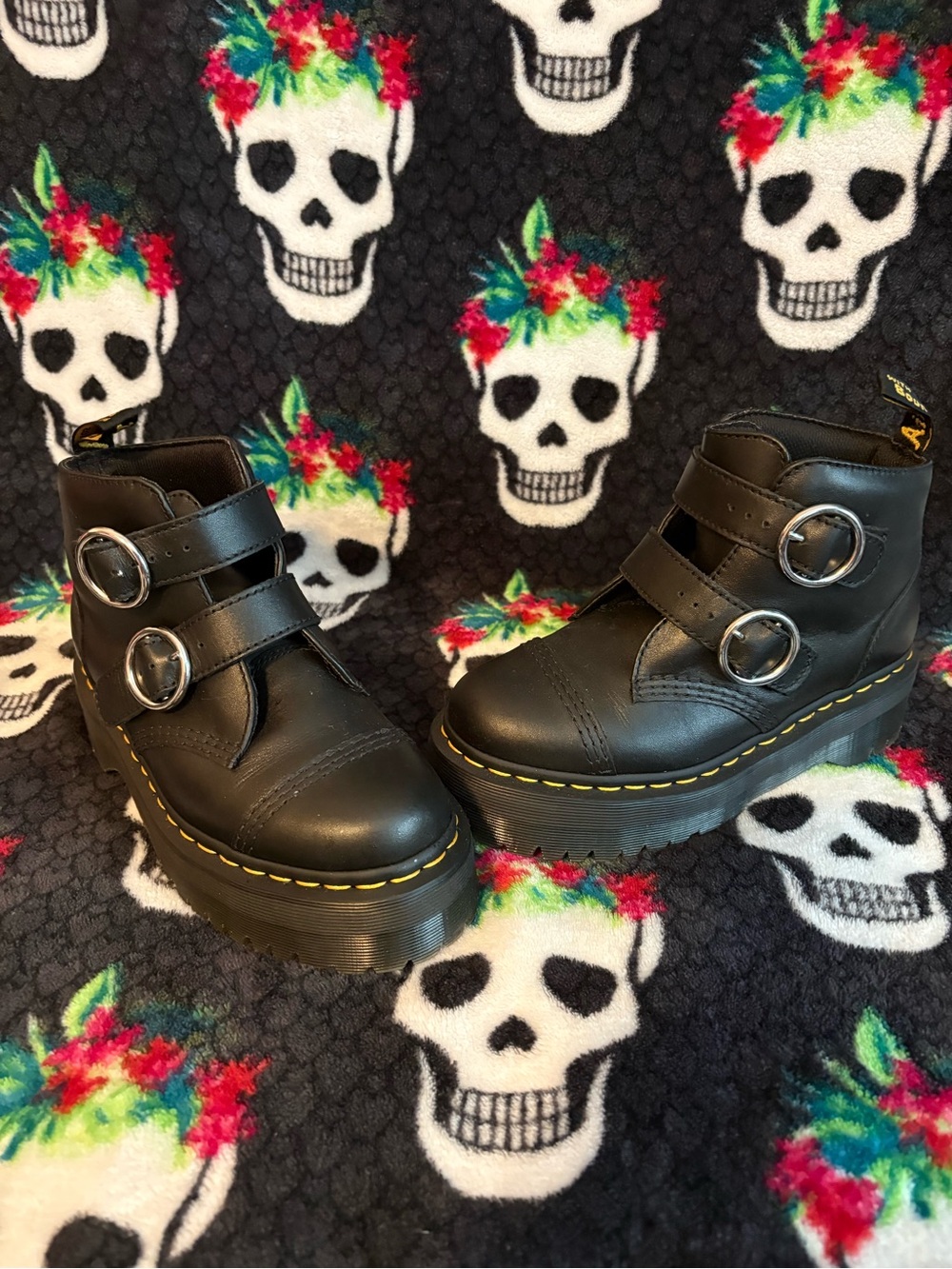 Dr. Martens Devon Black Leather Platform Double Buckle Boots Women’s US 6